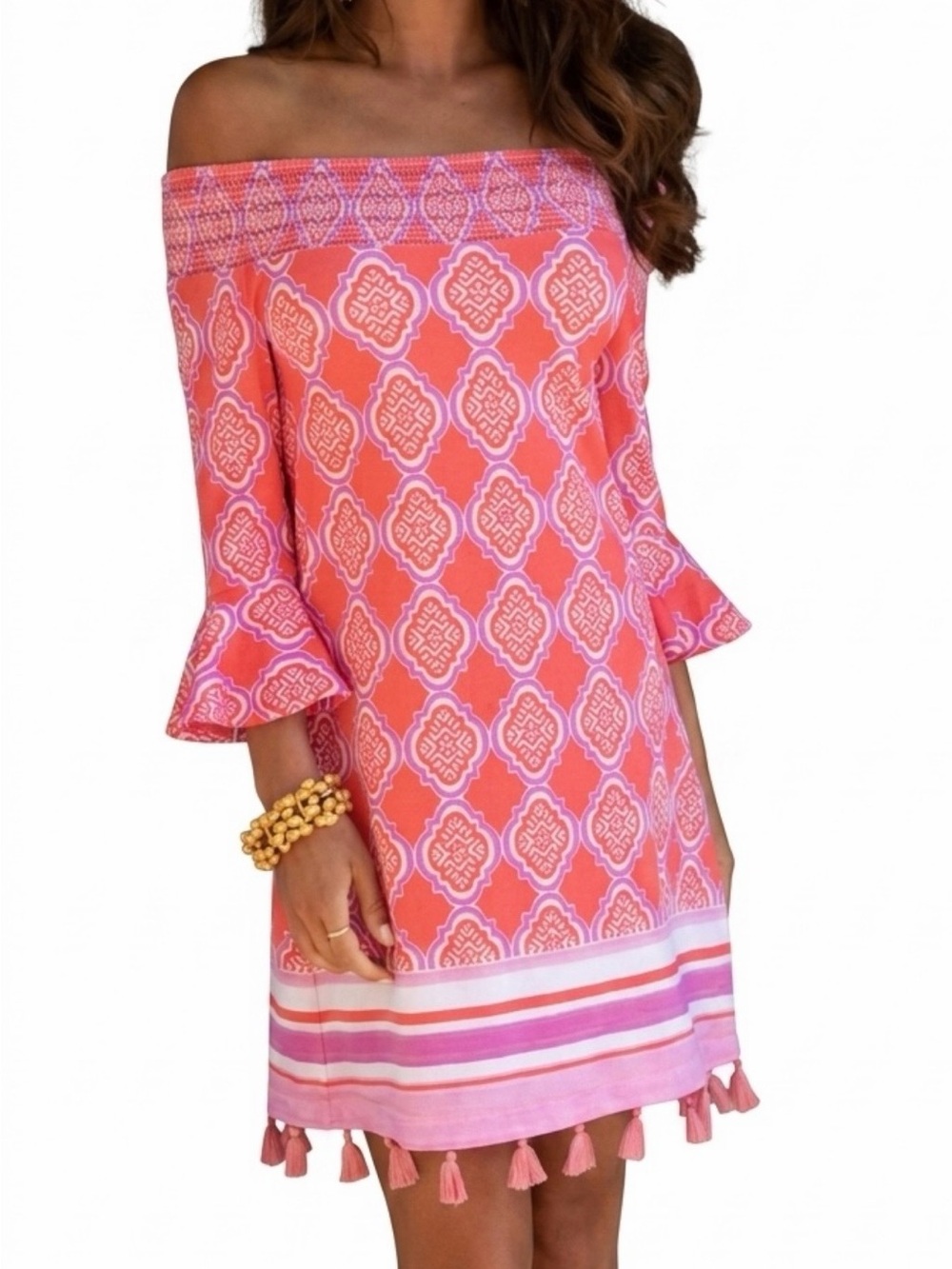 Cabana Life Coral and Pink Off-Shoulder Tassel Hem Dress